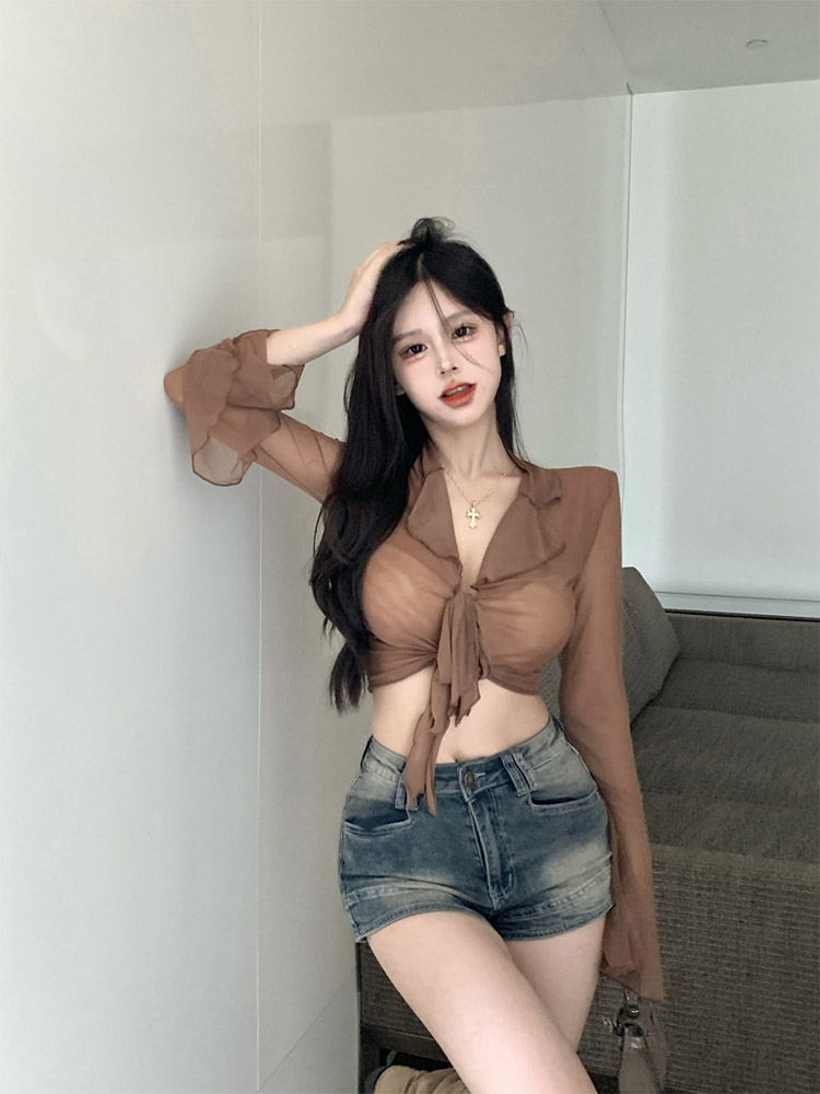 Sewing V - 여성용 긴 플레어 소매 블라우스, 레이스업