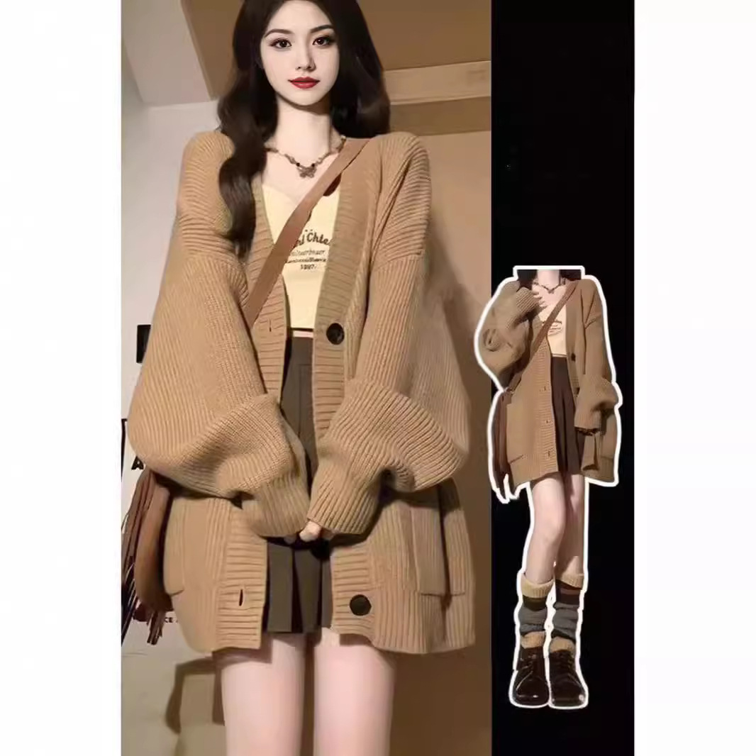 Sewing V - 여성용 루즈한 V넥 단추 랜턴 소매