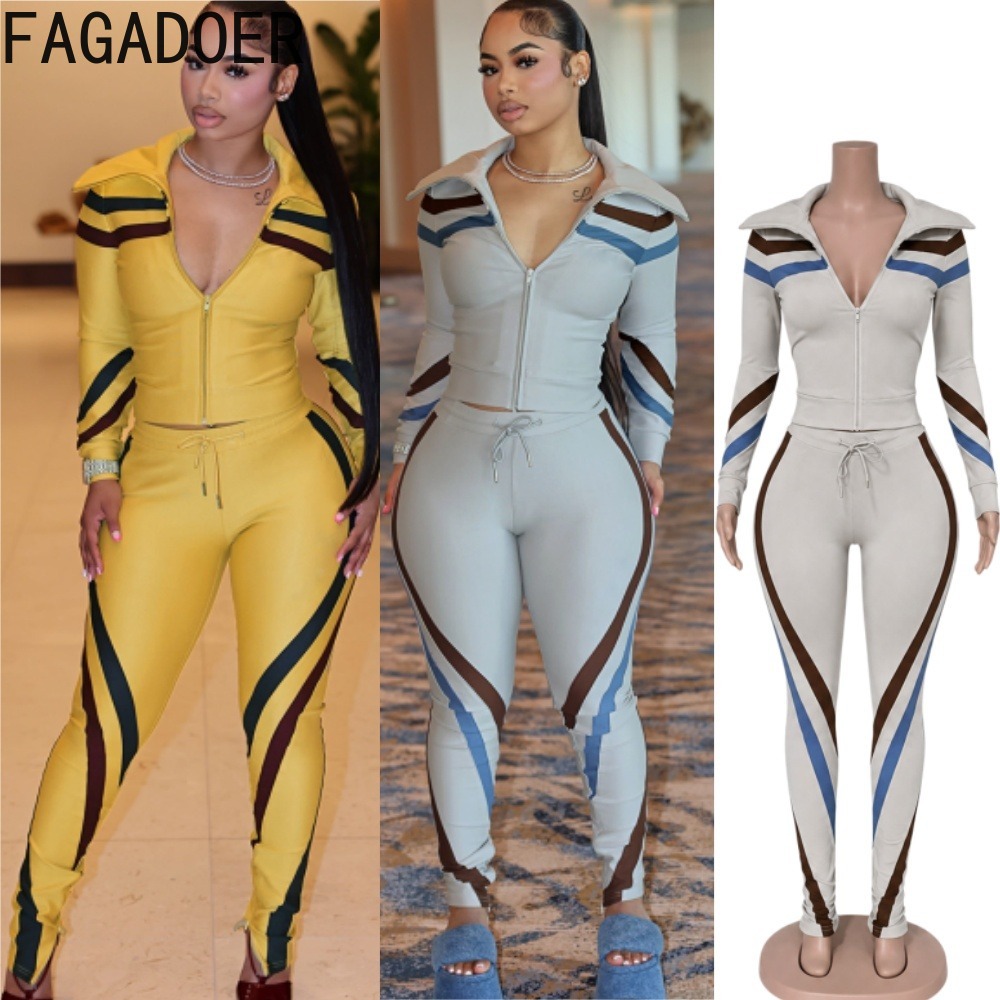 Sewing Jackets - FAGADOER 여성 2피스 트랙수트 컬러 패치워크