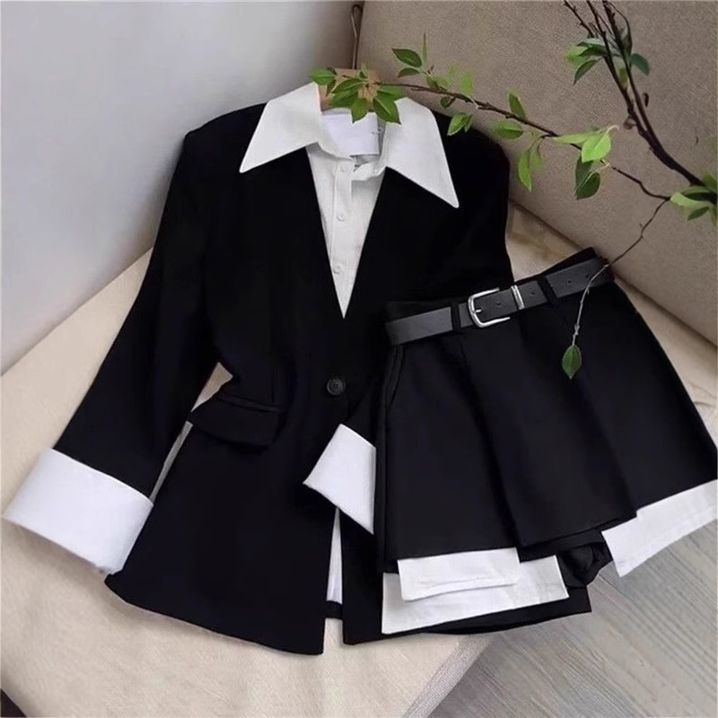 여성 투피스 스커트 세트 패치워크 블레이저 버튼 긴팔  - Sewing Jackets 리뷰 및 가격