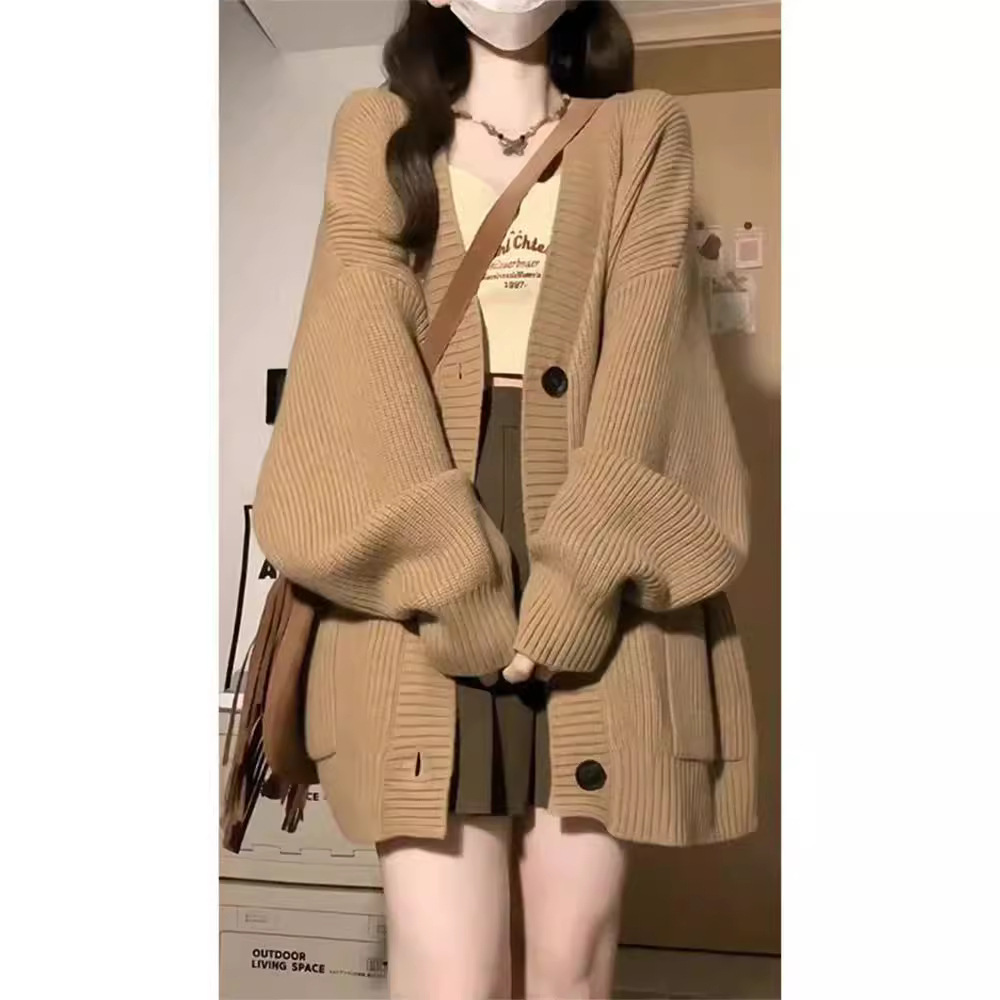여성용 루즈한 V넥 단추 랜턴 소매 스웨터, 단색 카디 - Sewing V 리뷰 및 가격