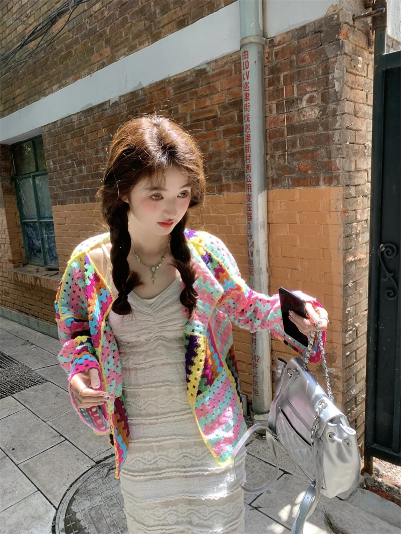 2025 컬러풀 크로셰 니트 홀 카디건 스웨터 자켓 여 - Sewing V 리뷰 및 가격
