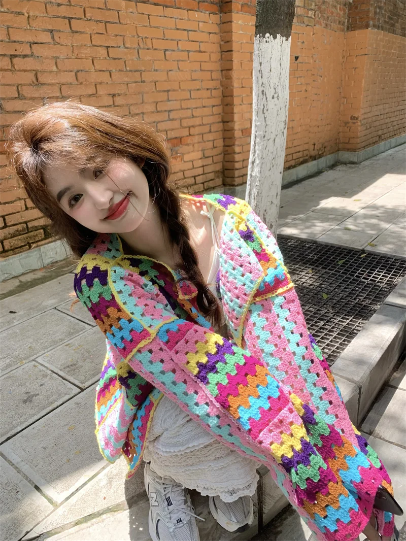 2025 컬러풀 크로셰 니트 홀 카디건 스웨터 자켓 여 - Sewing V 리뷰 및 가격