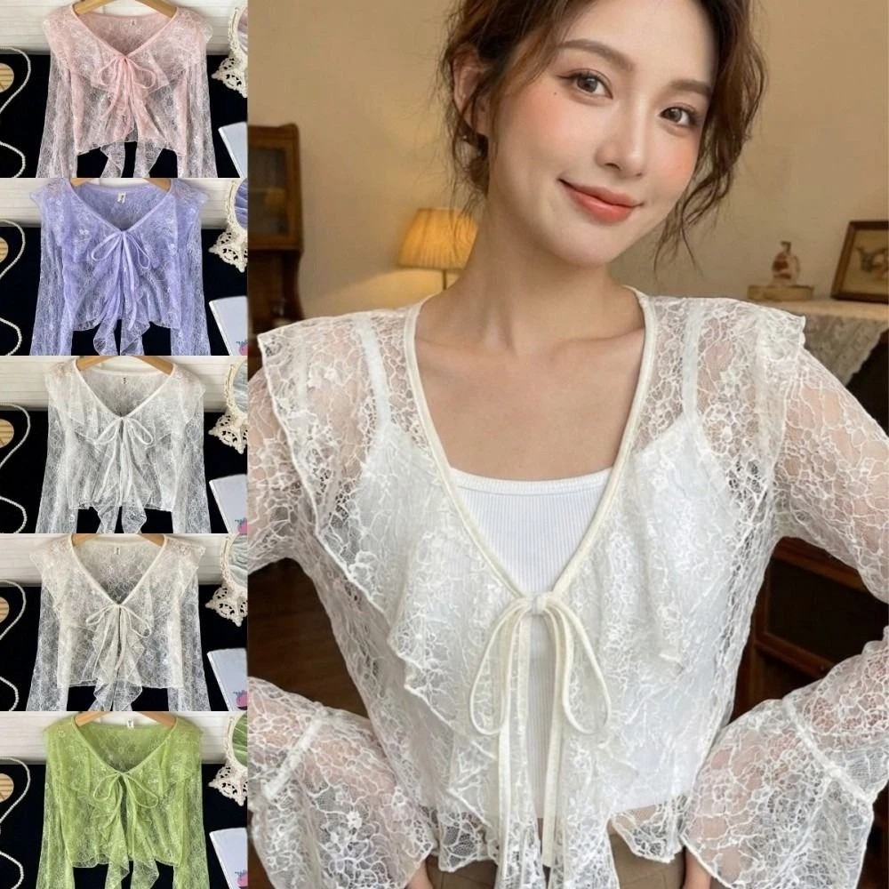 V넥 레이스 가디건 플레어 슬리브 러플 엣지 자외선 차 - Sewing V 리뷰 및 가격
