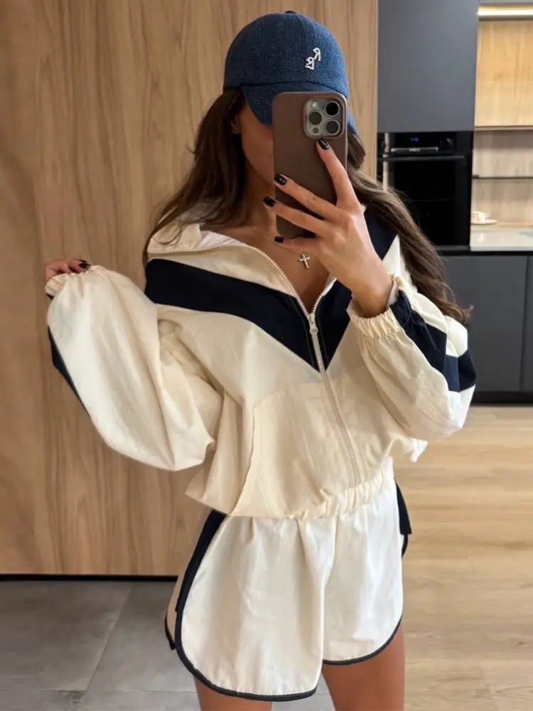 대비 색상의 반바지 투피스 세트 여성용 루즈핏 지퍼 스 - Sewing Jackets 리뷰 및 가격